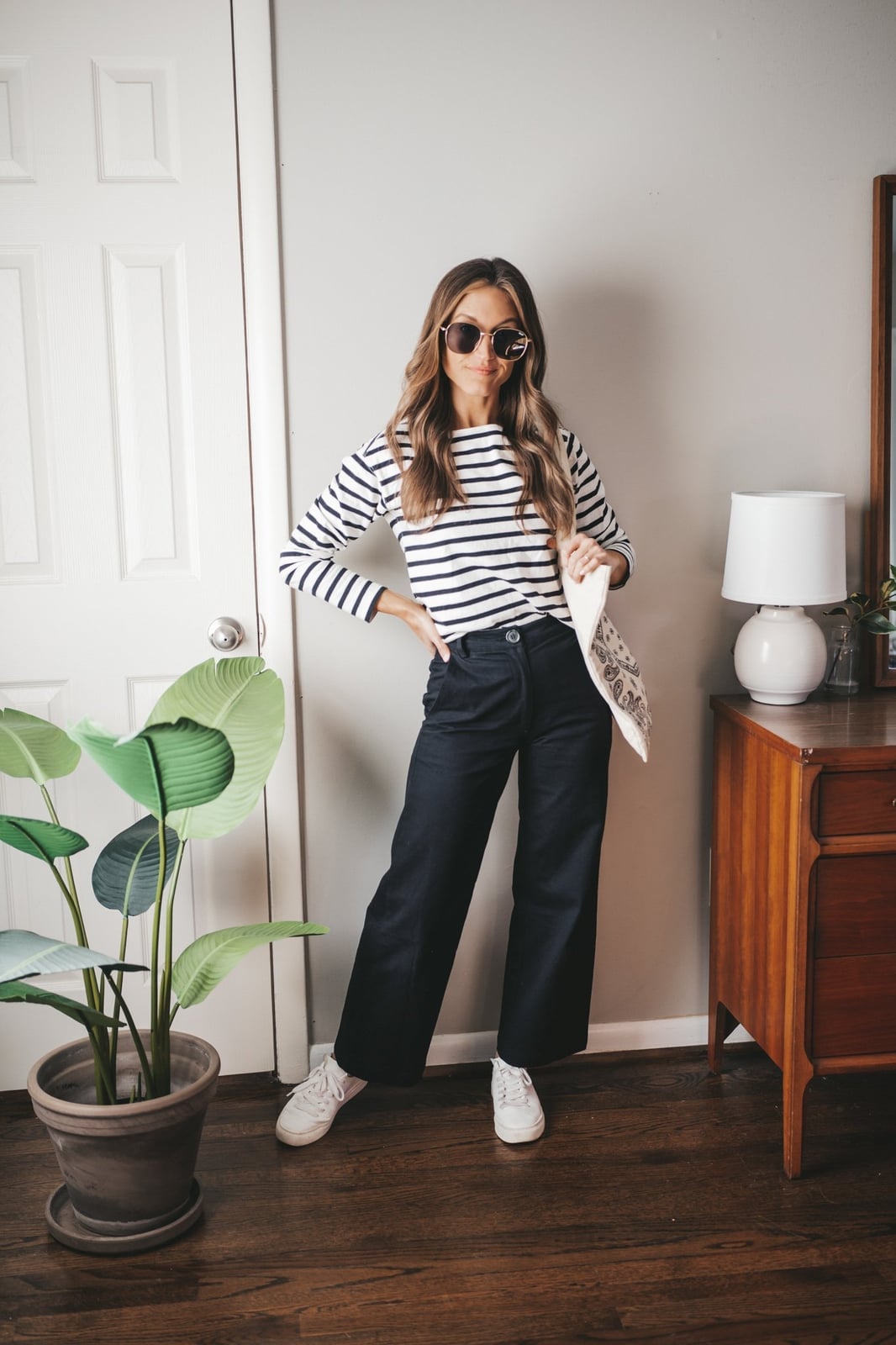 Cropped Wide Leg Black Trousers with Striped Tee — Trendy Black Trousers Outfit