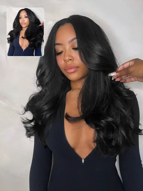 Long Butterfly Cut With Curtain Bangs Long Butterfly Cut With Curtain Bangs — Trendy Black Wig