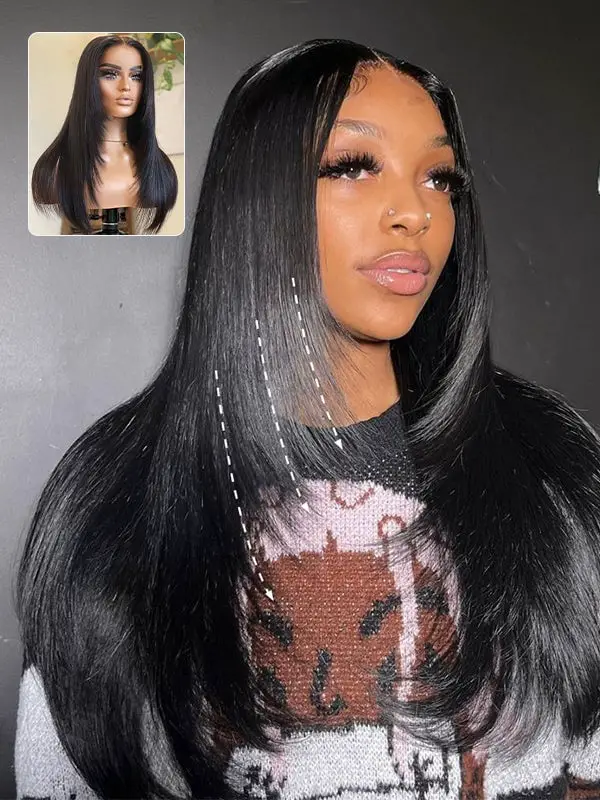 Mid-Back Layered Straight With Curtain Bangs Mid-Back Layered Straight With Curtain Bangs — Trendy Black Wig