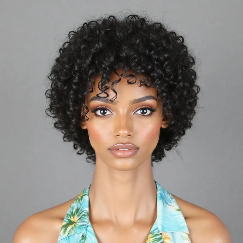 Short Pixie With Defined Curly Texture, Close-Up Take Short Pixie With Defined Curly Texture, Close-Up Take — Trendy Black Wig