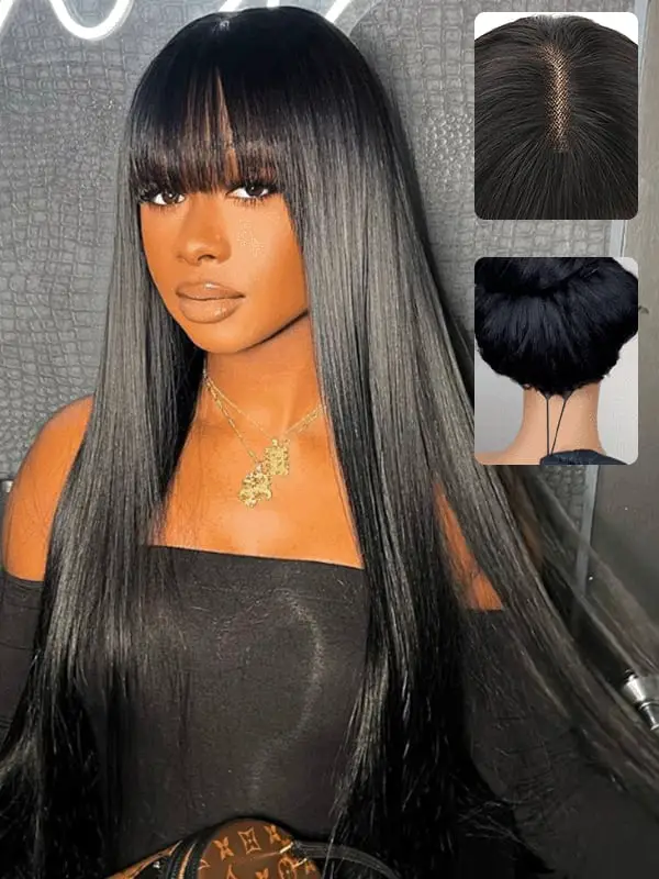 Mid-Back Straight With Blunt Bangs Mid-Back Straight With Blunt Bangs — Trendy Black Wig