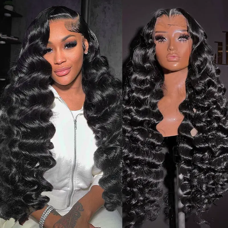 Mid-Back Loose Waves With Side Swept Bangs Mid-Back Loose Waves With Side Swept Bangs — Trendy Black Wig