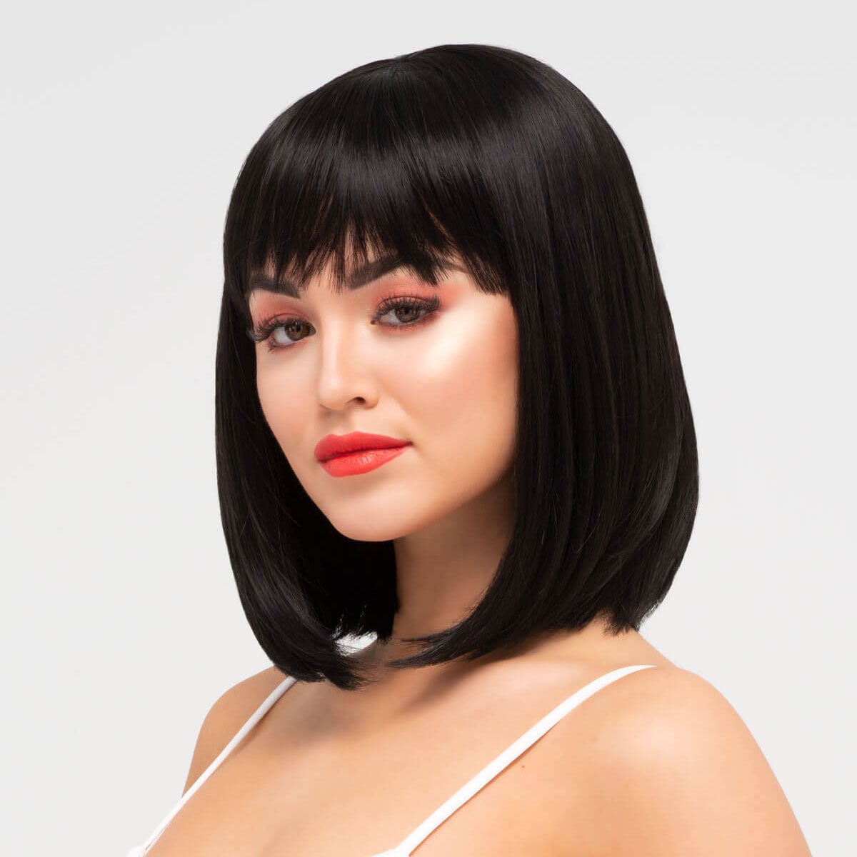 Chin Length Bob With Blunt Straight Fringe Chin Length Bob With Blunt Straight Fringe — Trendy Black Wig