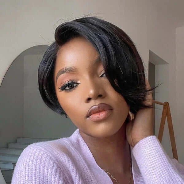 Short Asymmetrical Pixie With Swept Bangs Short Asymmetrical Pixie With Swept Bangs — Trendy Black Wig