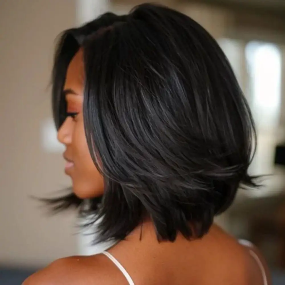 Layered Collarbone Bob With Side Swept Bangs Layered Collarbone Bob With Side Swept Bangs — Trendy Black Wig