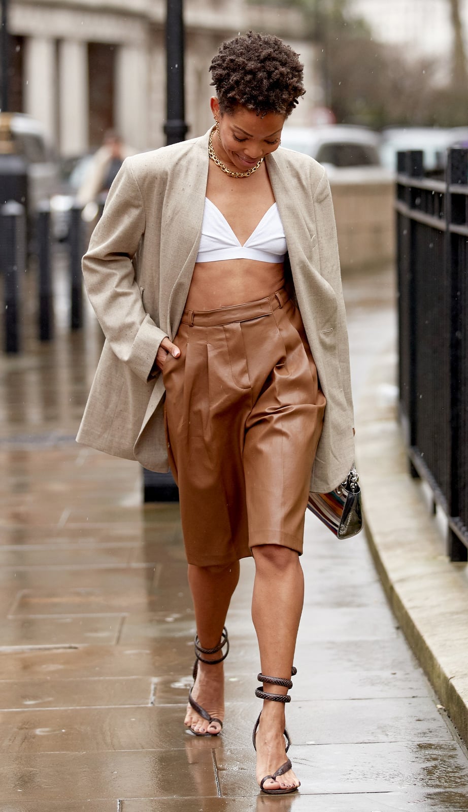 Beige Linen Blazer with Bra Top and Leather Culottes, Close-Up Take Beige Linen Blazer with Bra Top and Leather Culottes, Close-Up Take — Trendy Blazer Outfits