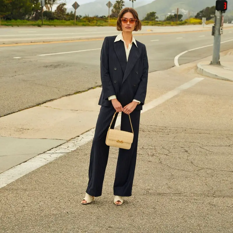 Navy Pinstripe Suit with White Shirt and Open-Toe Heels Navy Pinstripe Suit with White Shirt and Open-Toe Heels — Trendy Blazer Outfits