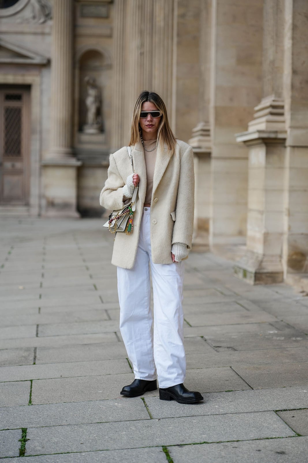 Textured Cream Blazer with White Wide-Leg Pants and Black Chunky Boots Textured Cream Blazer with White Wide-Leg Pants and Black Chunky Boots — Trendy Blazer Outfits