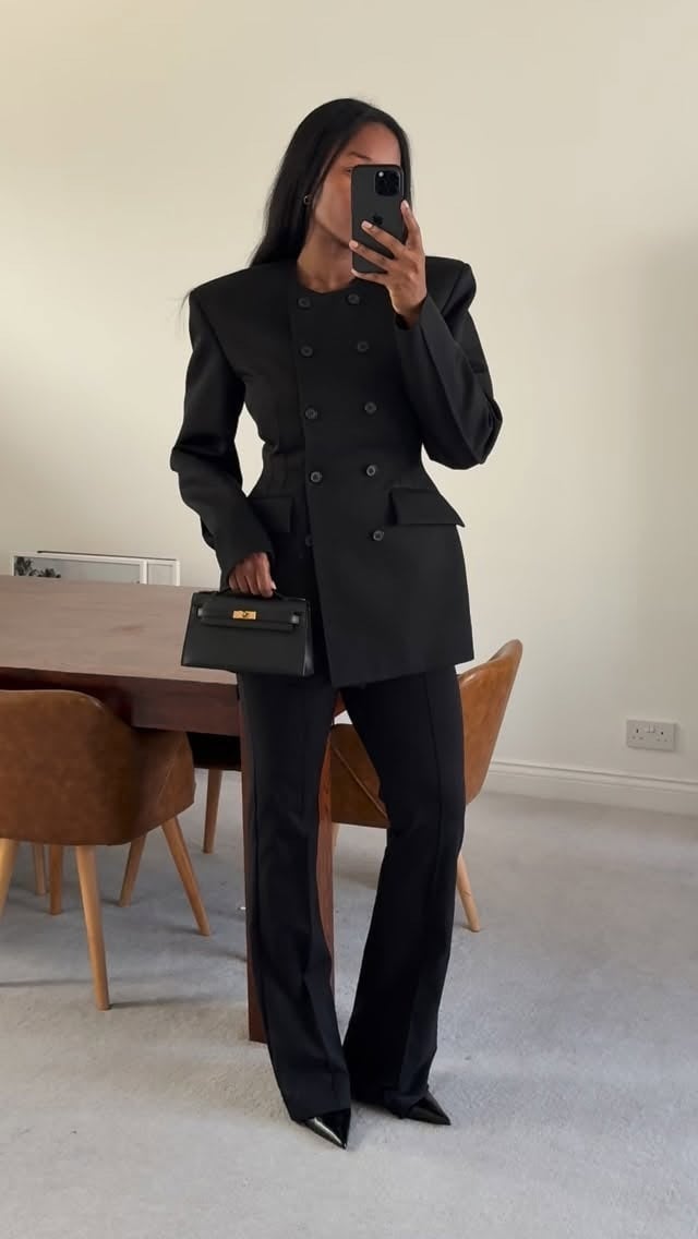 Fitted Black Double-Breasted Blazer with Flared, Close-Up Take Fitted Black Double-Breasted Blazer with Flared, Close-Up Take — Trendy Blazer Outfits