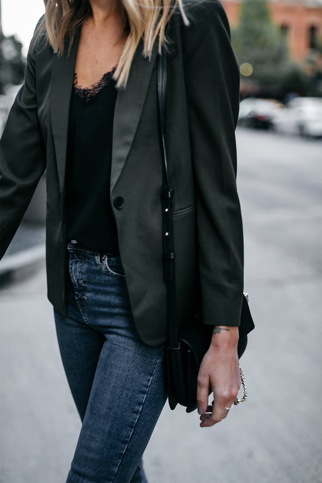 Dark Green Blazer with Satin Lapels and Lace Camisole Dark Green Blazer with Satin Lapels and Lace Camisole — Trendy Blazer Outfits