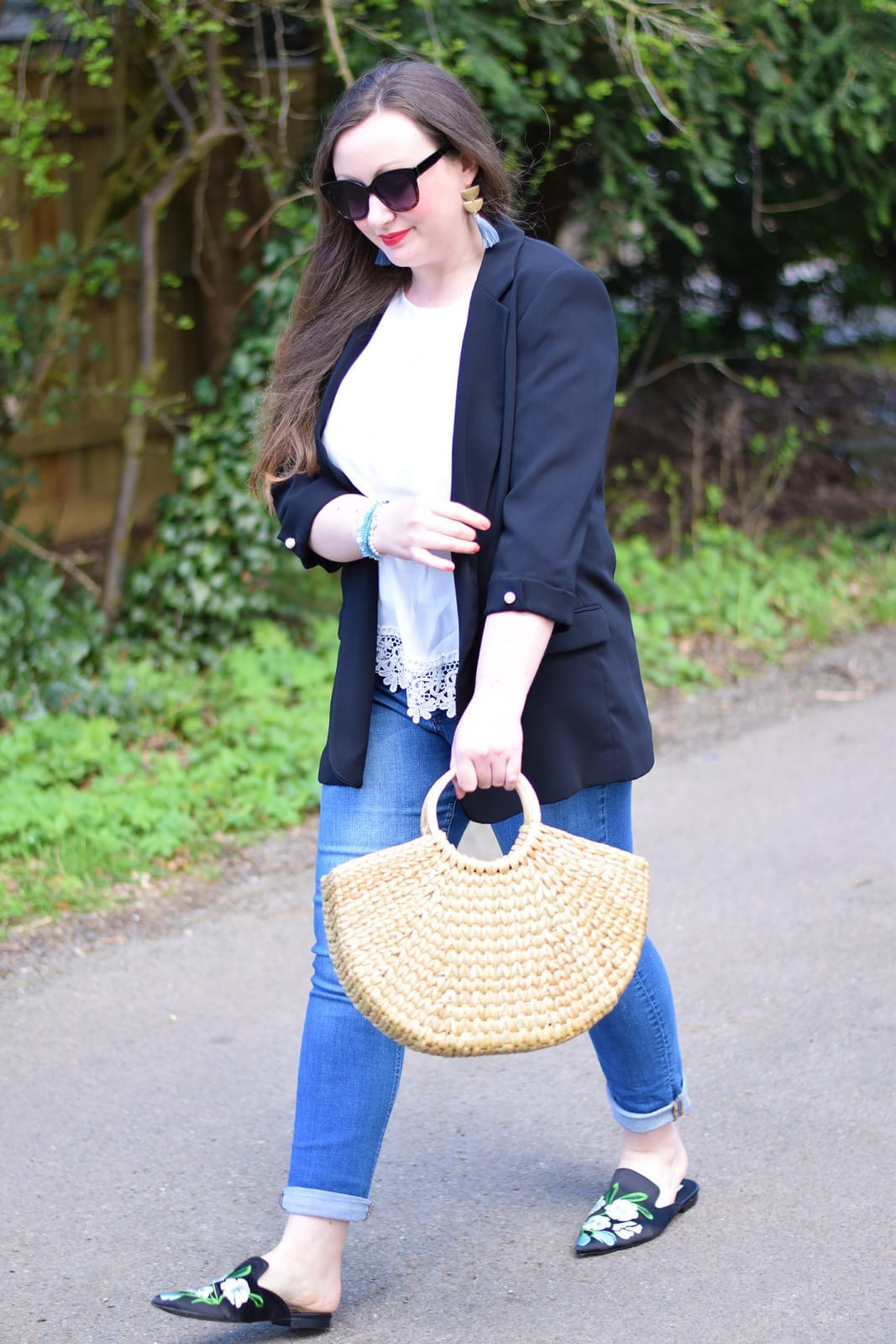 Black Blazer with Lace Top and Embroidered Mules Black Blazer with Lace Top and Embroidered Mules — Trendy Blazer Outfits