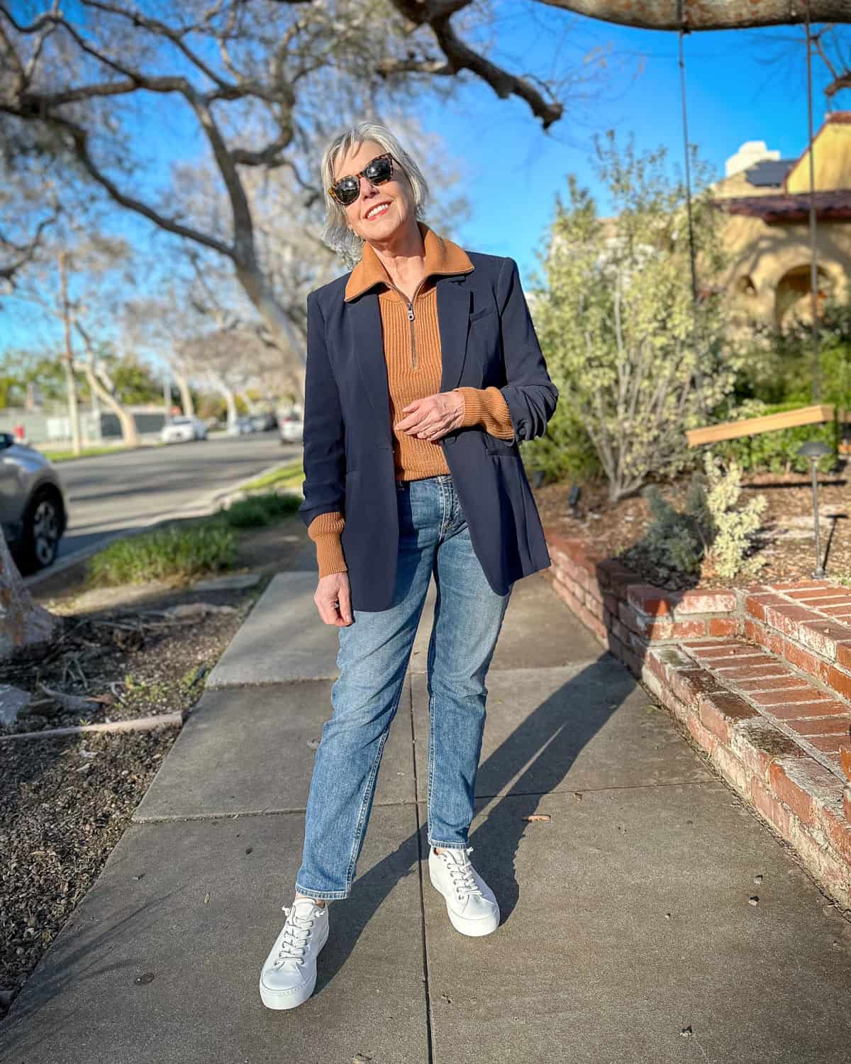 Navy Blazer with Tan Quarter-Zip Sweater and Jeans Navy Blazer with Tan Quarter-Zip Sweater and Jeans — Trendy Blazer Outfits