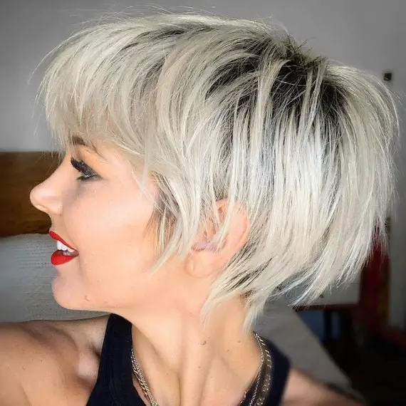 Shaggy Platinum Pixie With Dark Roots Shaggy Platinum Pixie With Dark Roots — Trendy Blonde Short Hair