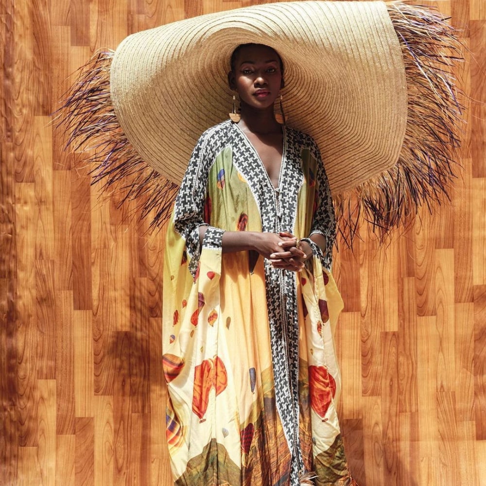 Vibrant Printed Kaftan Dress with Oversized Straw Hat Vibrant Printed Kaftan Dress with Oversized Straw Hat — Trendy Boho Chic Outfits