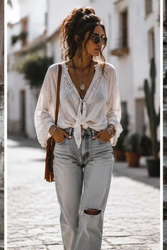 White Peasant Blouse with Ripped Jeans and Fringed Bag White Peasant Blouse with Ripped Jeans and Fringed Bag — Trendy Boho Chic Outfits