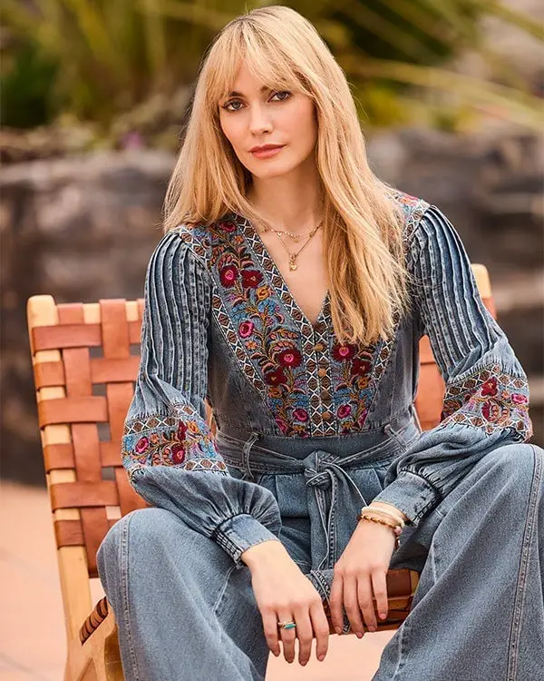 Embroidered Denim Jumpsuit with Wide Legs Embroidered Denim Jumpsuit with Wide Legs — Trendy Boho Chic Outfits