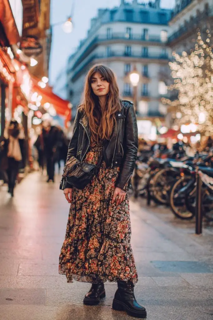 Floral Maxi Dress with Leather Biker Jacket Floral Maxi Dress with Leather Biker Jacket — Trendy Boho Chic Outfits