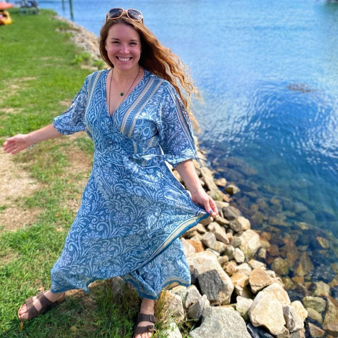 Blue and White Patterned Maxi Dress with Wrap Style Blue and White Patterned Maxi Dress with Wrap Style — Trendy Boho Chic Outfits