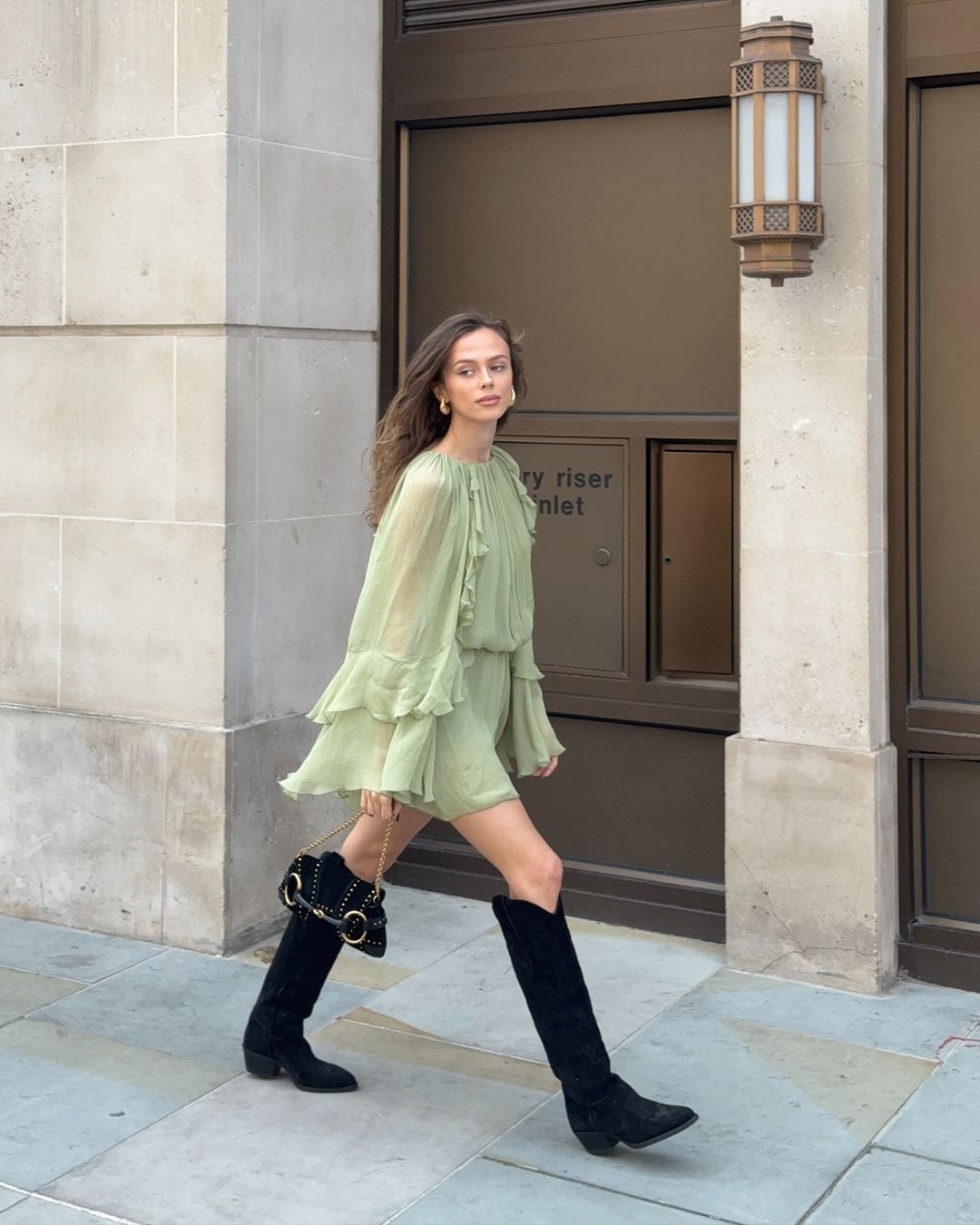 Sage Green Ruffled Mini Dress with Cowboy Boots Sage Green Ruffled Mini Dress with Cowboy Boots — Trendy Boho Chic Outfits