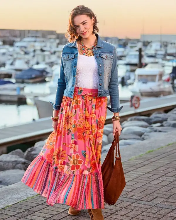 Denim Jacket Over Floral Maxi Skirt and White Top Denim Jacket Over Floral Maxi Skirt and White Top — Trendy Boho Chic Outfits
