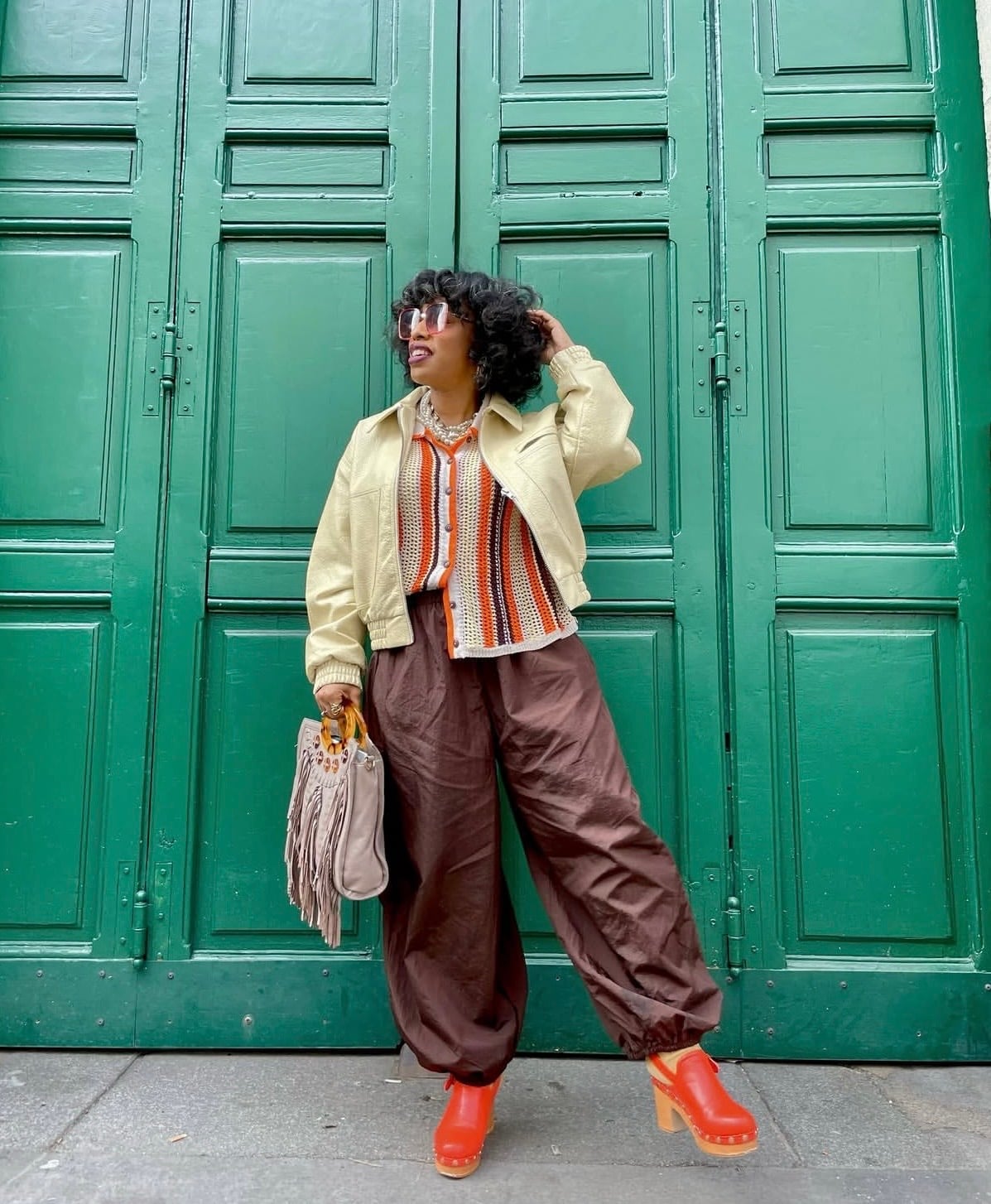 Striped Knit Cardigan with Wide-Leg Trousers and Fringed Bag Striped Knit Cardigan with Wide-Leg Trousers and Fringed Bag — Trendy Boho Chic Outfits