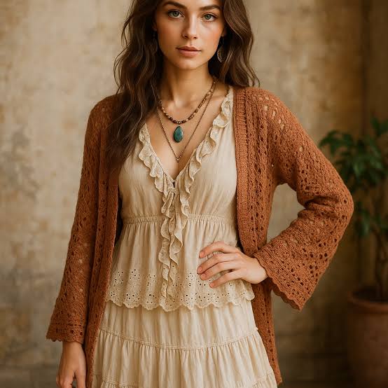 Tiered Ruffled Maxi Dress with Crocheted Cardigan Tiered Ruffled Maxi Dress with Crocheted Cardigan — Trendy Boho Chic Outfits