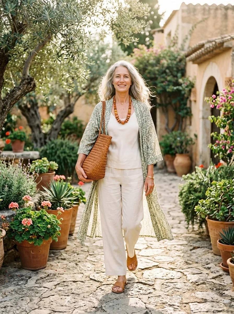 Printed Kimono Over Linen Trousers and Tank Top Printed Kimono Over Linen Trousers and Tank Top — Trendy Boho Chic Outfits
