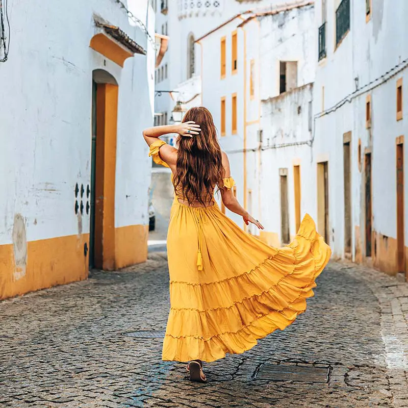 Flowy Yellow Tiered Maxi Dress with Headscarf Flowy Yellow Tiered Maxi Dress with Headscarf — Trendy Boho Chic Outfits
