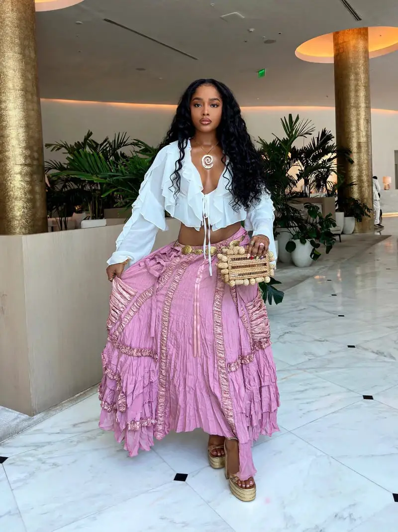 White Ruffled Peasant Blouse with Pink Tiered Maxi Skirt White Ruffled Peasant Blouse with Pink Tiered Maxi Skirt — Trendy Boho Chic Outfits