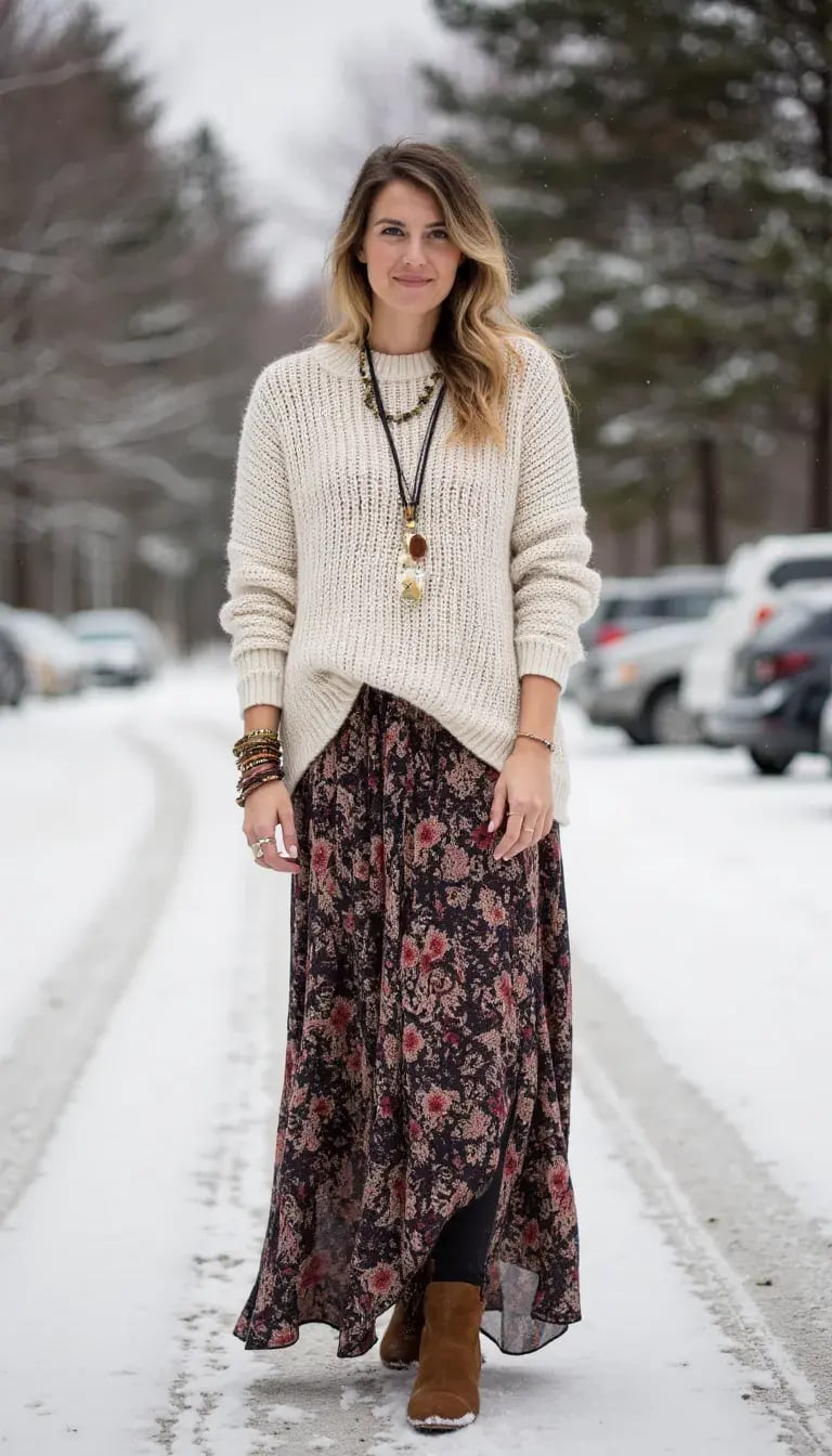 Chunky Knit Sweater Over Floral Maxi Skirt for Winter Chunky Knit Sweater Over Floral Maxi Skirt for Winter — Trendy Boho Chic Outfits