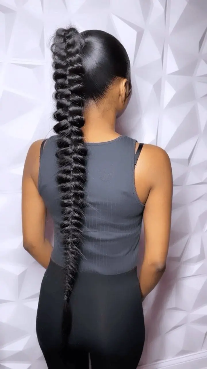 Voluminous Black Fishtail Braid Ponytail, Mid-Back Voluminous Black Fishtail Braid Ponytail, Mid-Back — Trendy Braided Ponytail