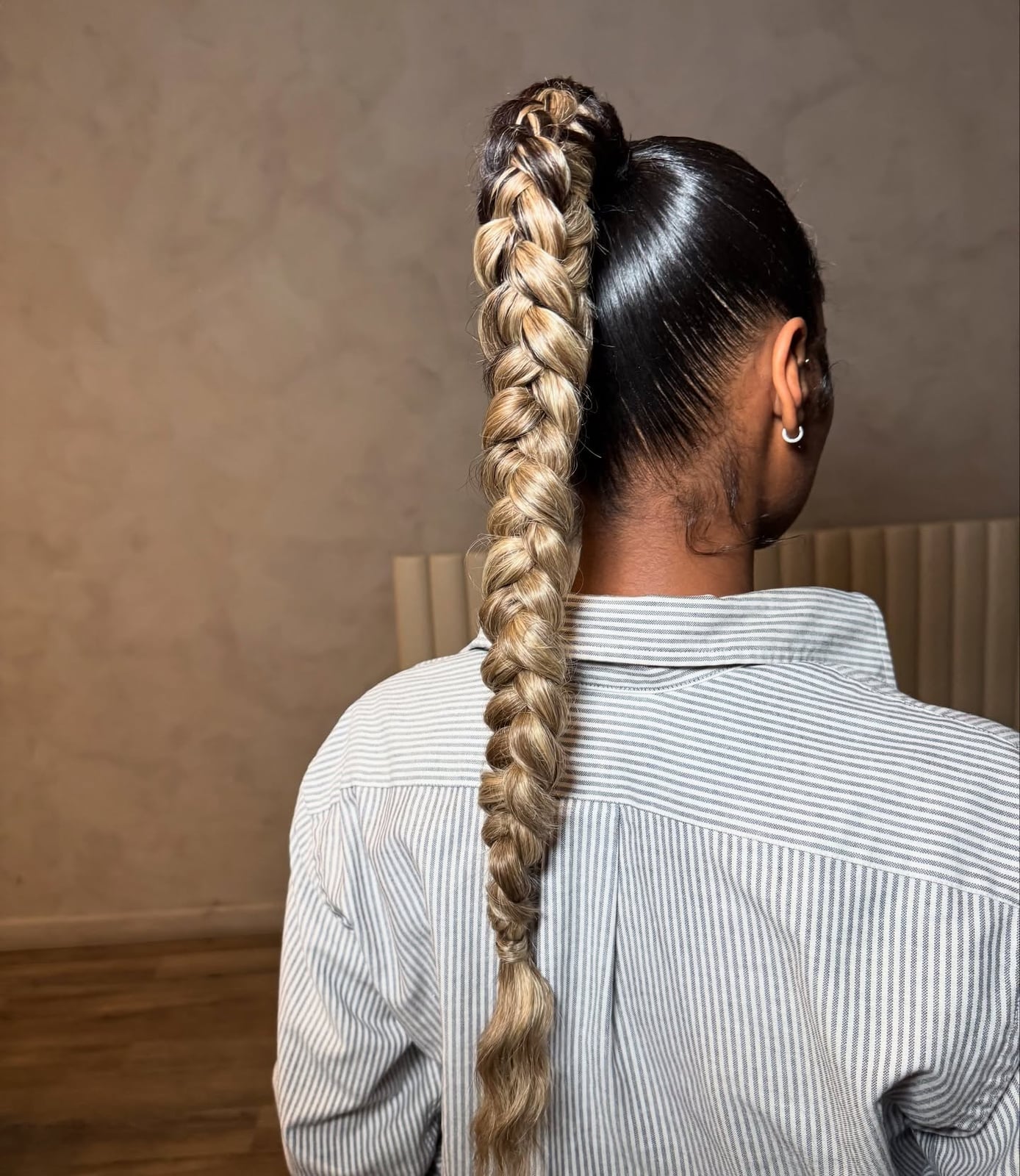 Chunky Braided Ponytail Dark Roots Blonde Highlights Chunky Braided Ponytail Dark Roots Blonde Highlights — Trendy Braided Ponytail
