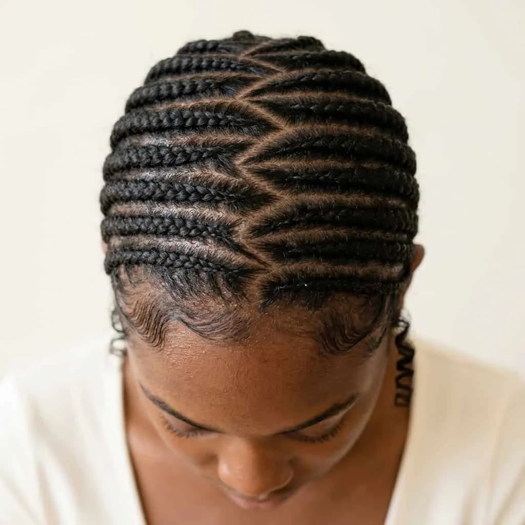 Black Cornrows with Geometric Pattern Black Cornrows with Geometric Pattern — Trendy Braids to the Back