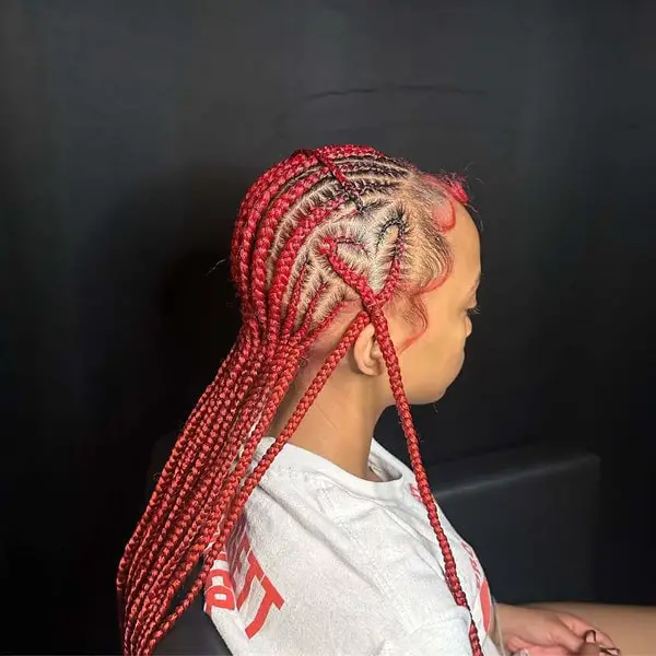 Vibrant Red Cornrows with Geometric Pattern Vibrant Red Cornrows with Geometric Pattern — Trendy Braids to the Back