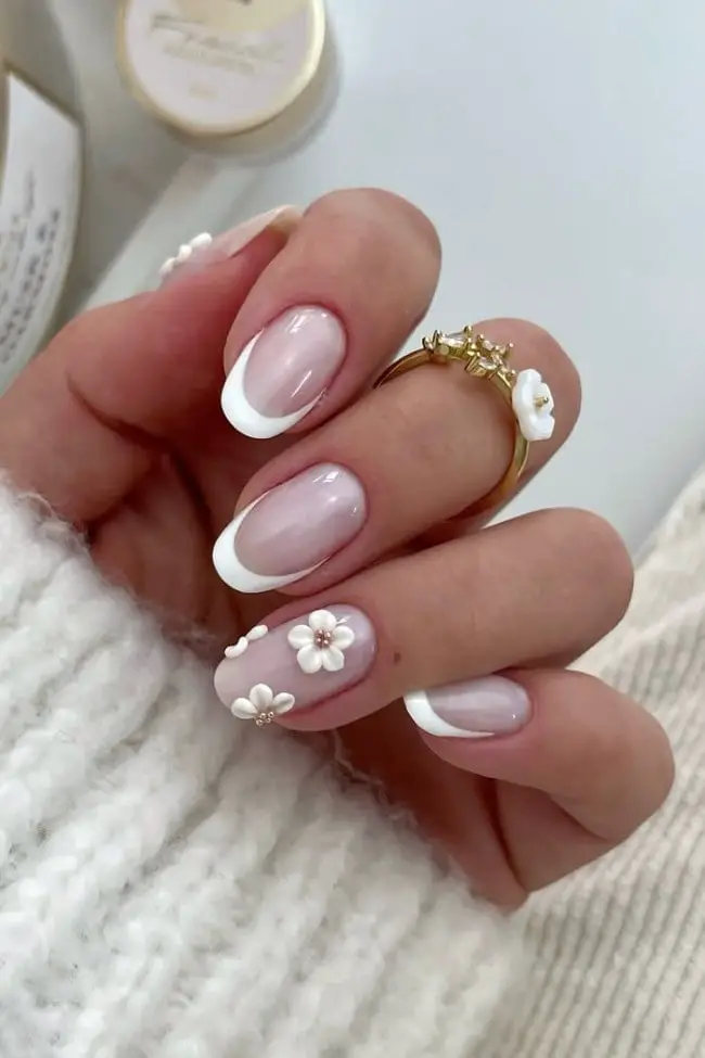Short Oval 3D Floral French Tips Short Oval 3D Floral French Tips — Trendy Bridal Nails