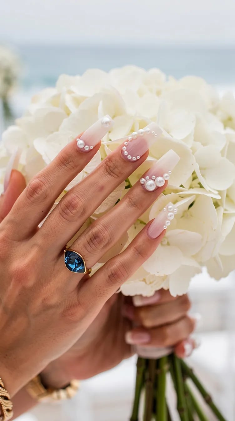 Medium Square Pearl Cuticle Edge Nails Medium Square Pearl Cuticle Edge Nails — Trendy Bridal Nails