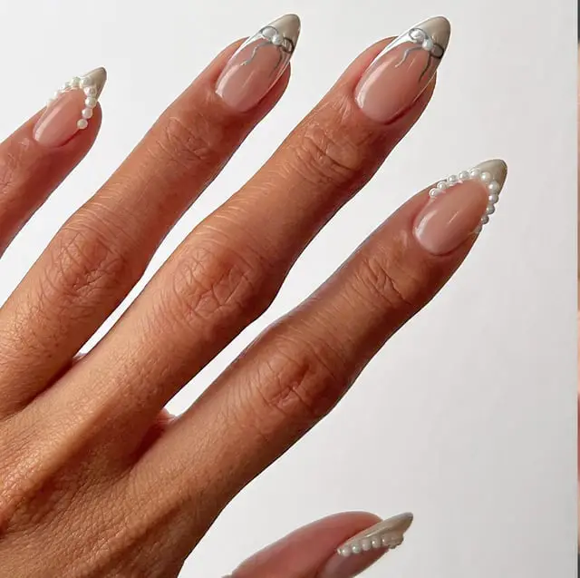 Medium Almond Pearl Cuticle Line Nails Medium Almond Pearl Cuticle Line Nails — Trendy Bridal Nails