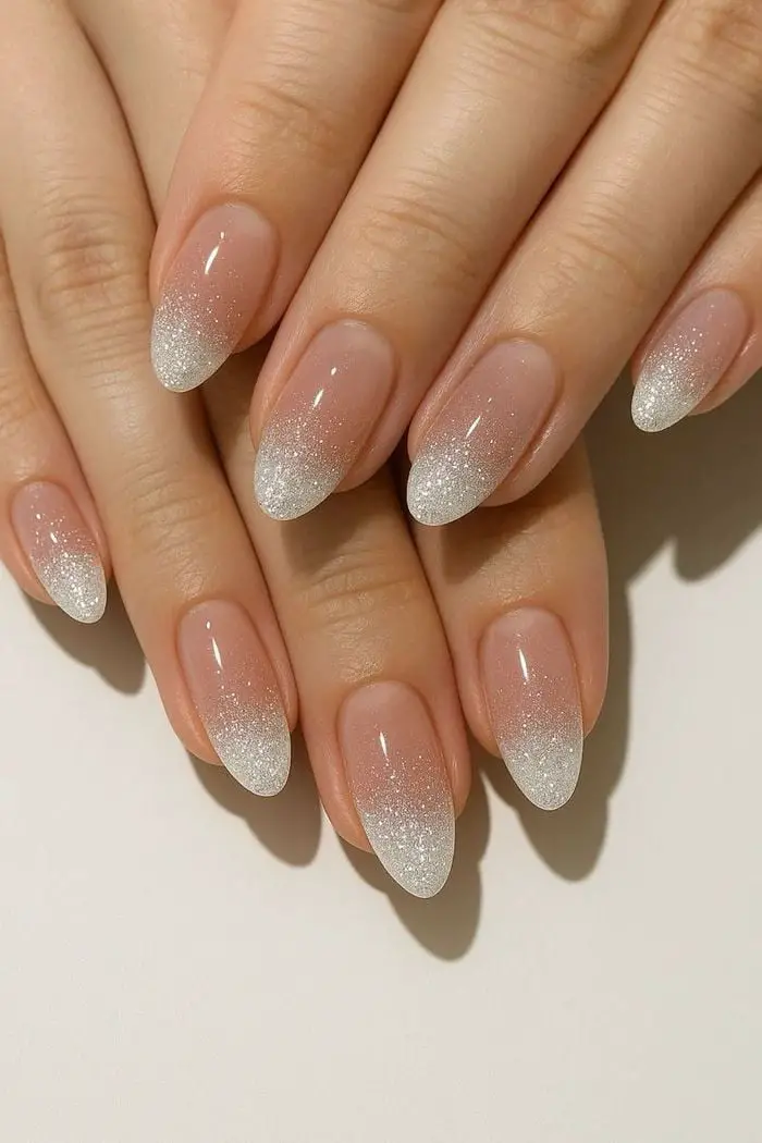 Medium Almond Glitter French Tips Medium Almond Glitter French Tips — Trendy Bridal Nails