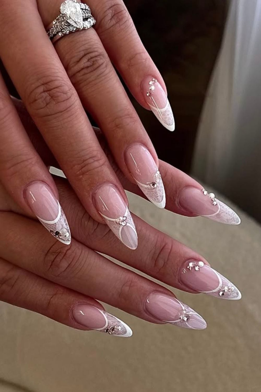 Long Oval Sheer Pink Gold Swirl Nails Long Oval Sheer Pink Gold Swirl Nails — Trendy Bridal Nails