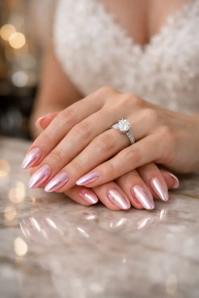 Long Almond Pale Pink Chrome Nails Long Almond Pale Pink Chrome Nails — Trendy Bridal Nails