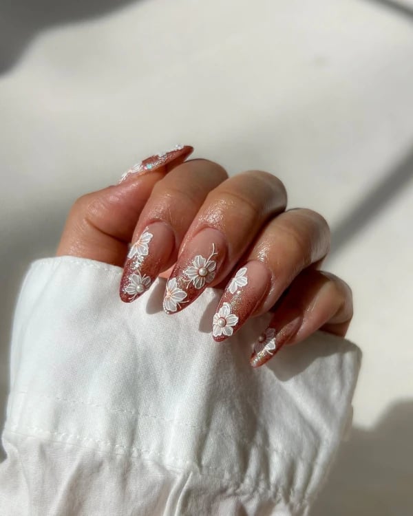 Long Almond 3D Floral Glitter Nails Long Almond 3D Floral Glitter Nails — Trendy Bridal Nails