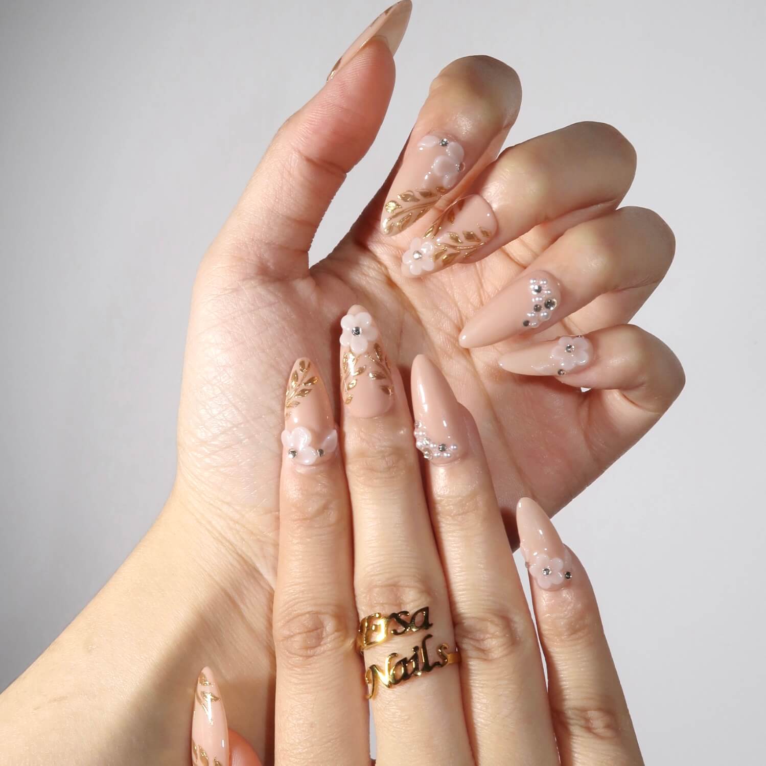Long Stiletto Nude Gold Floral 3D Flowers Long Stiletto Nude Gold Floral 3D Flowers — Trendy Bridal Nails