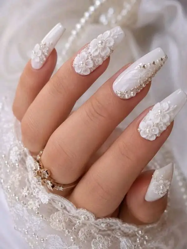 Long Stiletto White 3D Flowers Pearls Rhinestones Long Stiletto White 3D Flowers Pearls Rhinestones — Trendy Bridal Nails