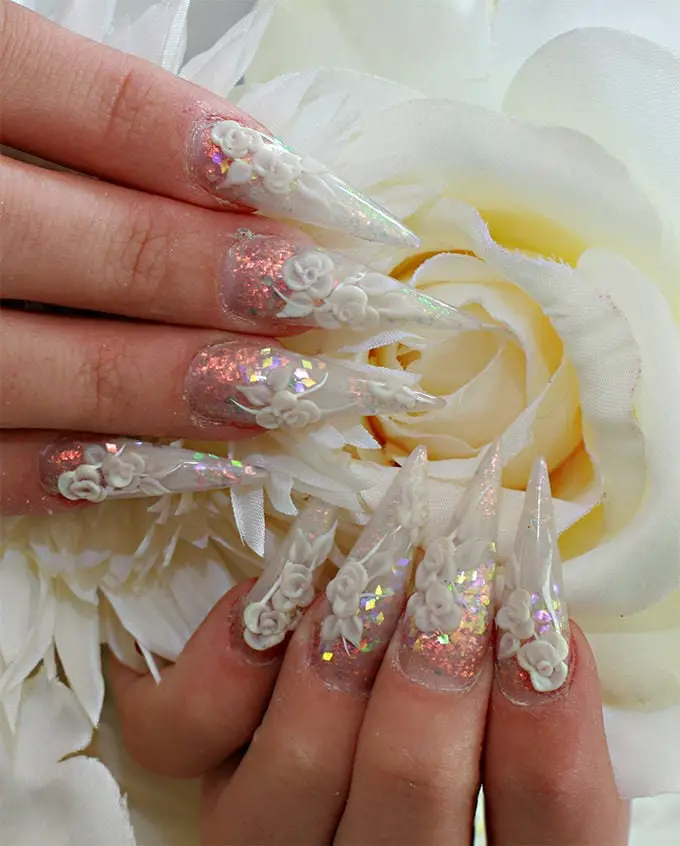 Long Stiletto Clear Glitter 3D Roses Long Stiletto Clear Glitter 3D Roses — Trendy Bridal Nails