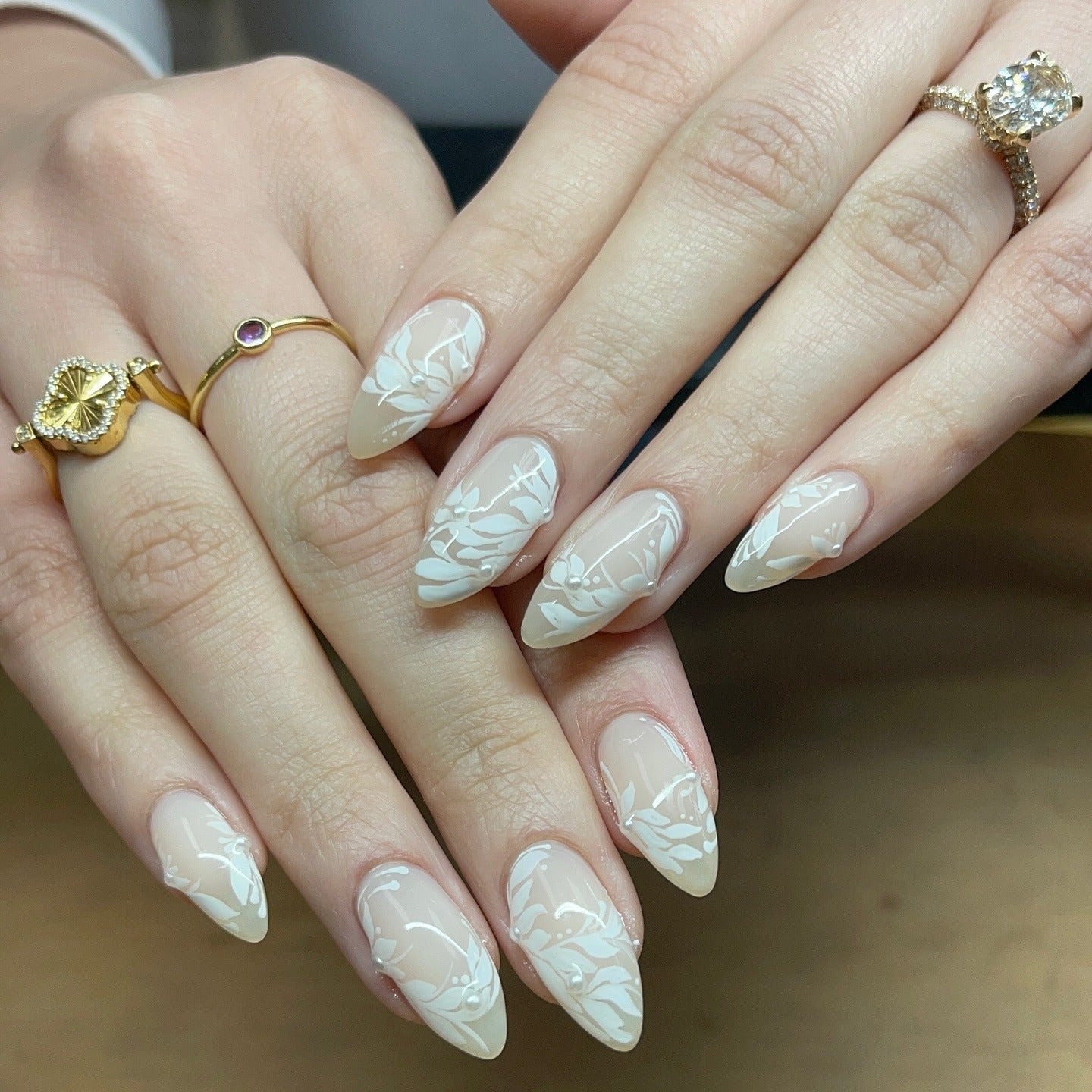 Medium Stiletto Nude Lace Decal Nails Medium Stiletto Nude Lace Decal Nails — Trendy Bridal Nails
