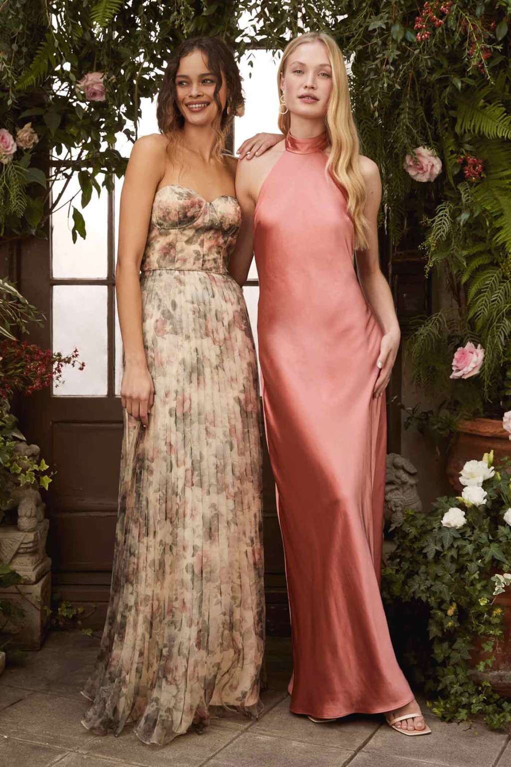 Floral Print Strapless Dress and Peach Satin Halter Dress Floral Print Strapless Dress and Peach Satin Halter Dress — Trendy Bridesmaid Dress
