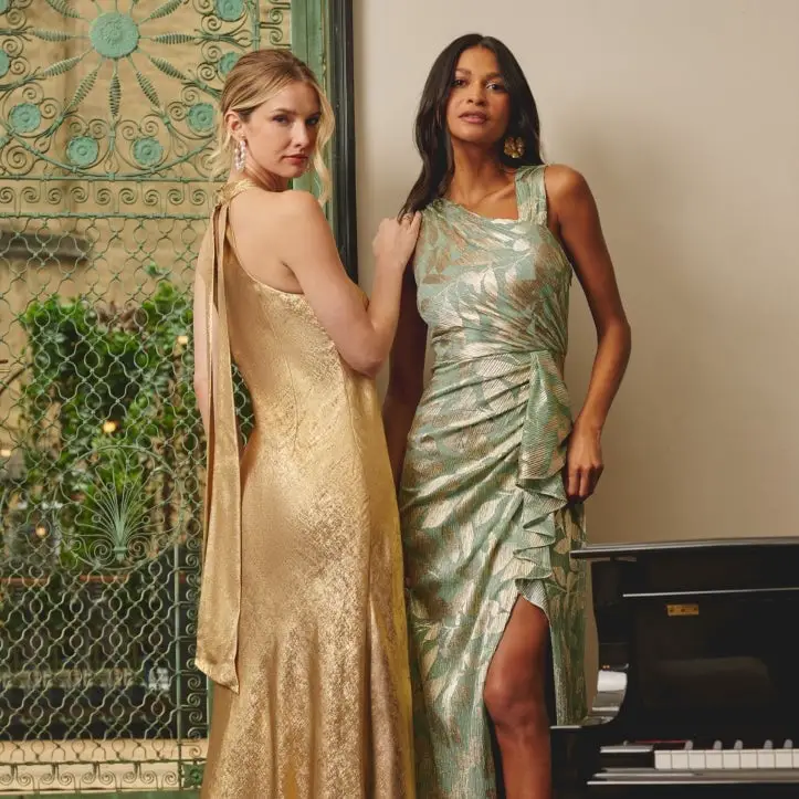 Gold Halter Neck Dress and Asymmetric Neckline Metallic Print Dress Gold Halter Neck Dress and Asymmetric Neckline Metallic Print Dress — Trendy Bridesmaid Dress