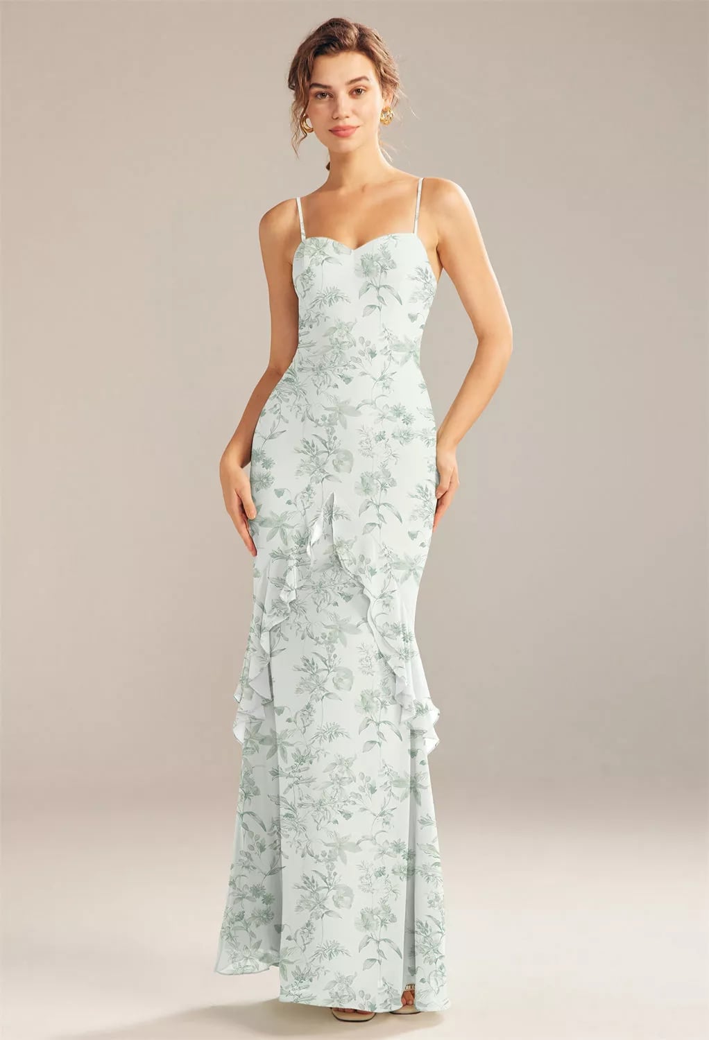 Pale Blue Floral Print Mermaid Dress with Ruffles Pale Blue Floral Print Mermaid Dress with Ruffles — Trendy Bridesmaid Dress
