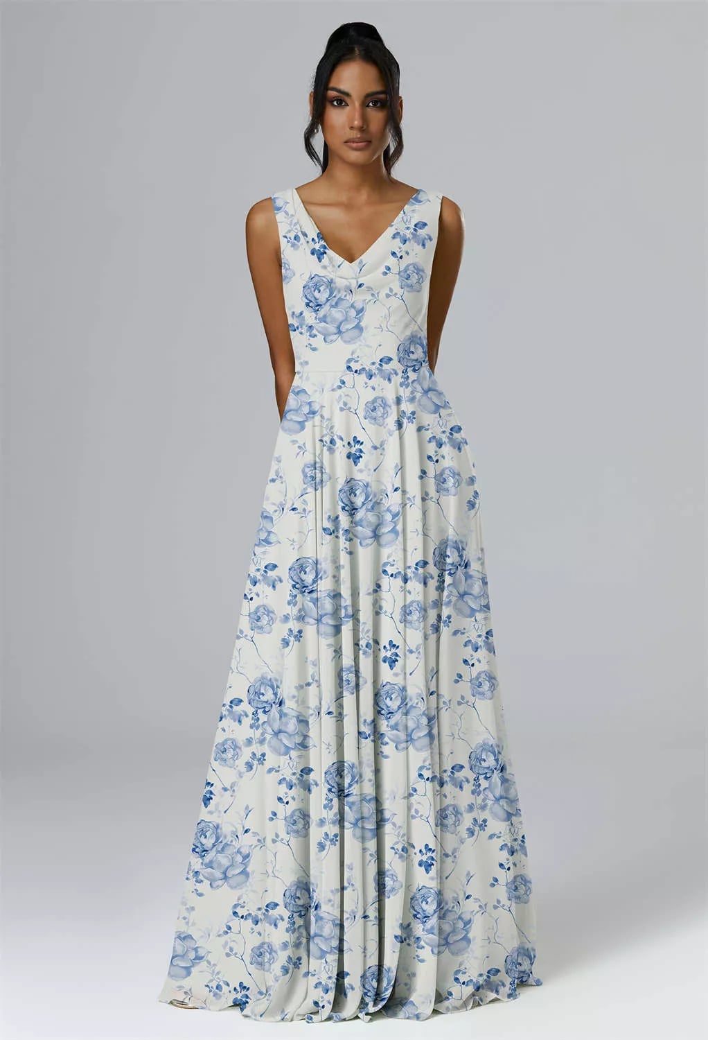 White Blue Floral Print A-Line Chiffon Dress White Blue Floral Print A-Line Chiffon Dress — Trendy Bridesmaid Dress