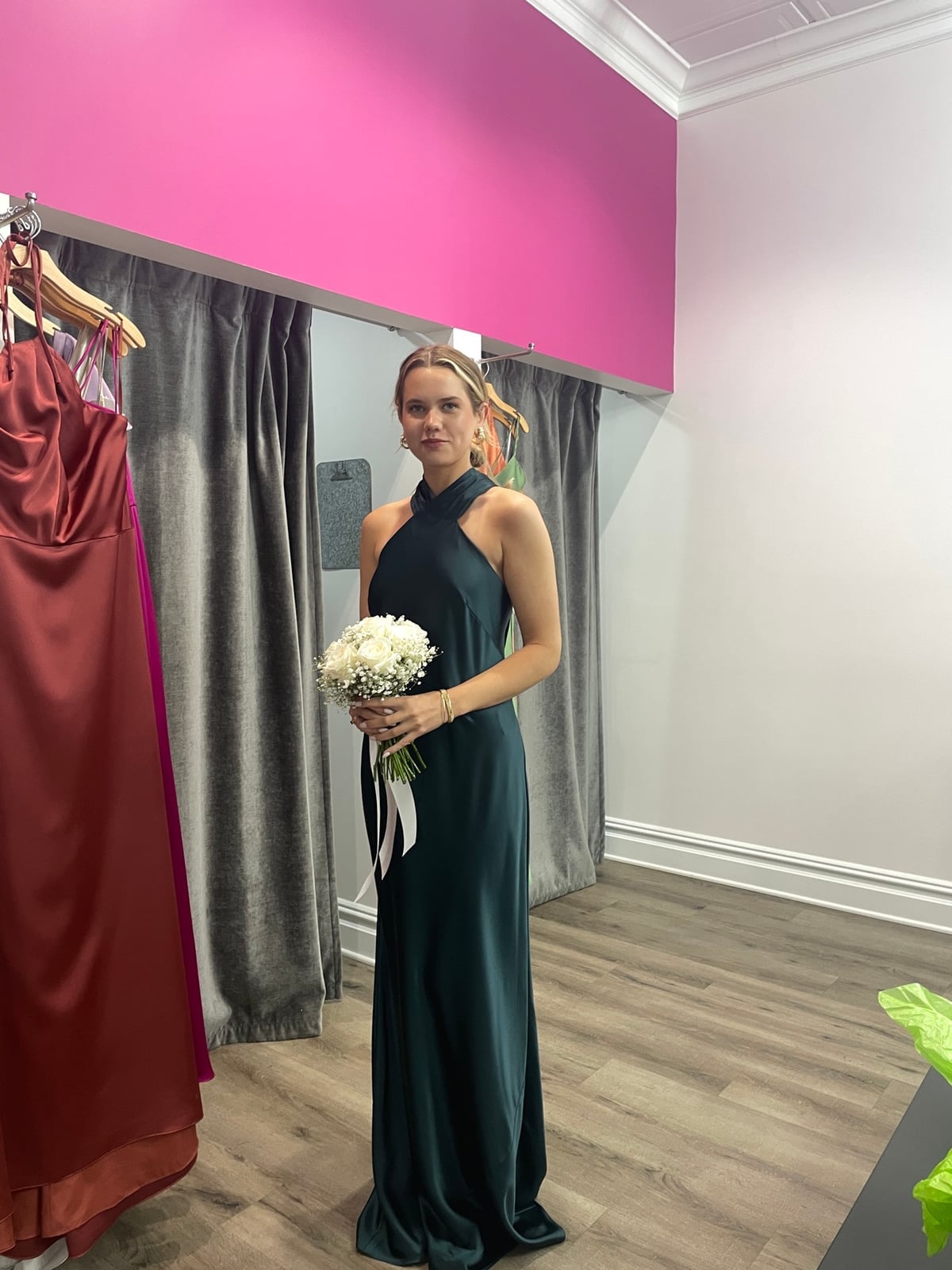 Emerald Green Satin Halter Neck Sheath Dress Emerald Green Satin Halter Neck Sheath Dress — Trendy Bridesmaid Dress